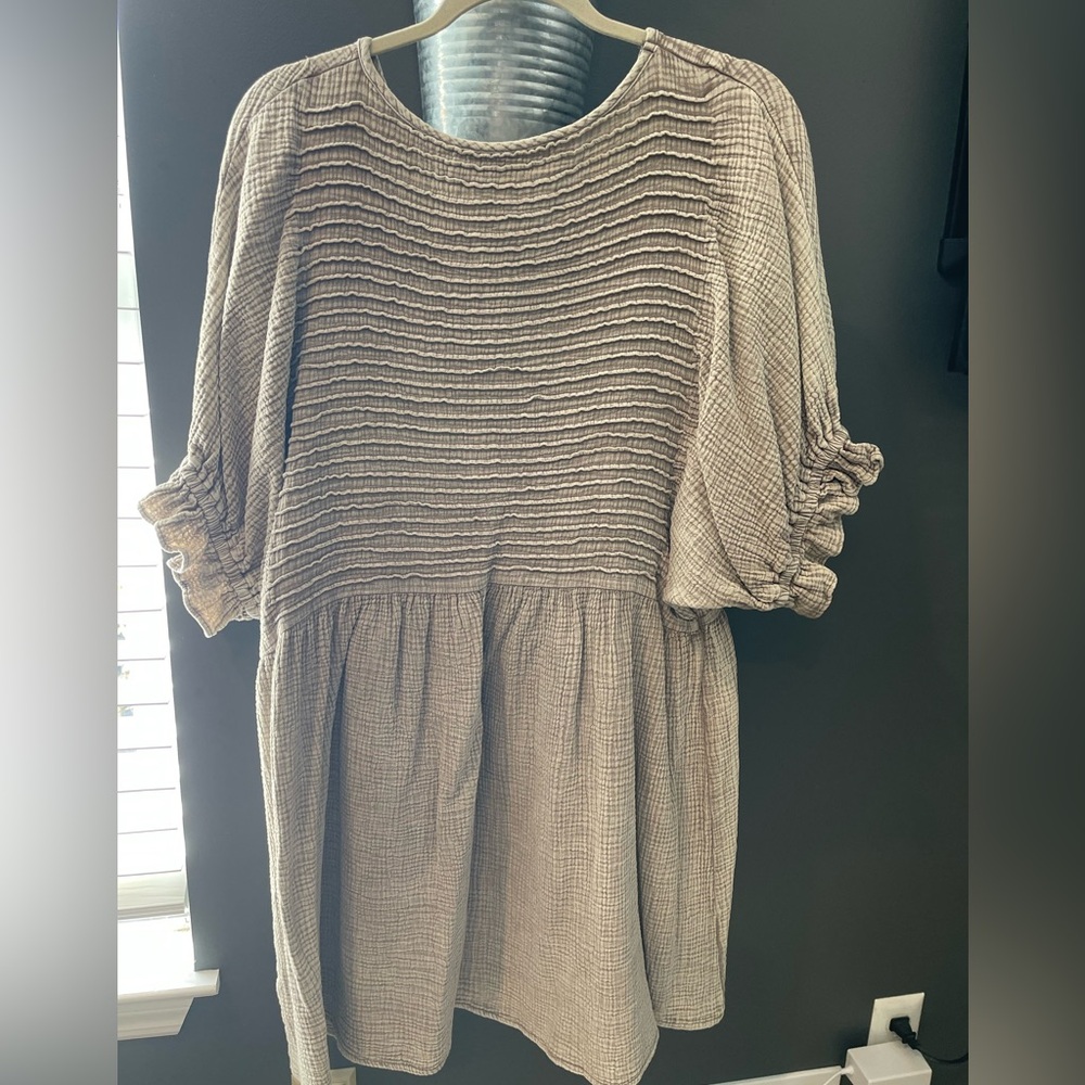 Three Birds Nest Textured/Gauze Tan Dress - Picture 2 of 4